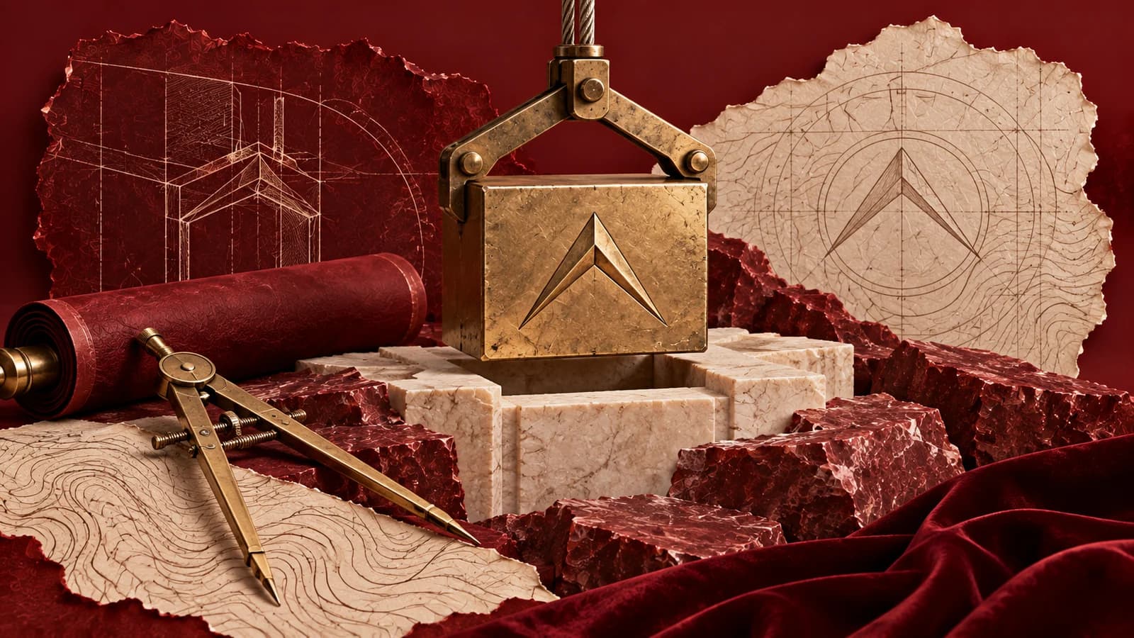 ภาพคอลลาจเชิงบรรณาธิการ: ศิลาฤกษ์สีทองที่มีสัญลักษณ์ Peak Atlas ถูกวางลงบนฐานราก